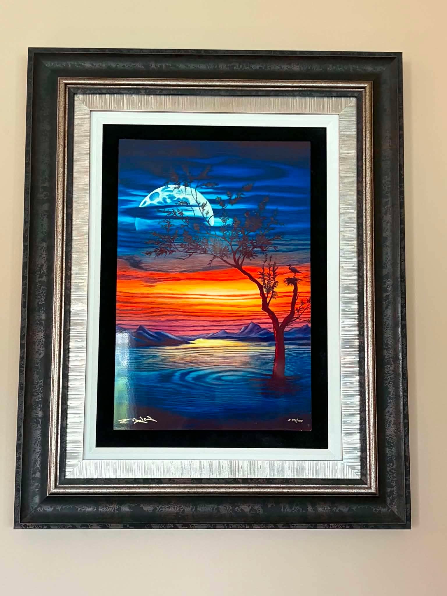 Matt Beyrer Dreamy Moon: Matt Beyrer "Dreamy Moon" 2019 21" x 14" image size Caldograph (dye sublimation on wood). Hand-signed in pigment lower left by the artist. Gallery framed, Appraisal. CPV