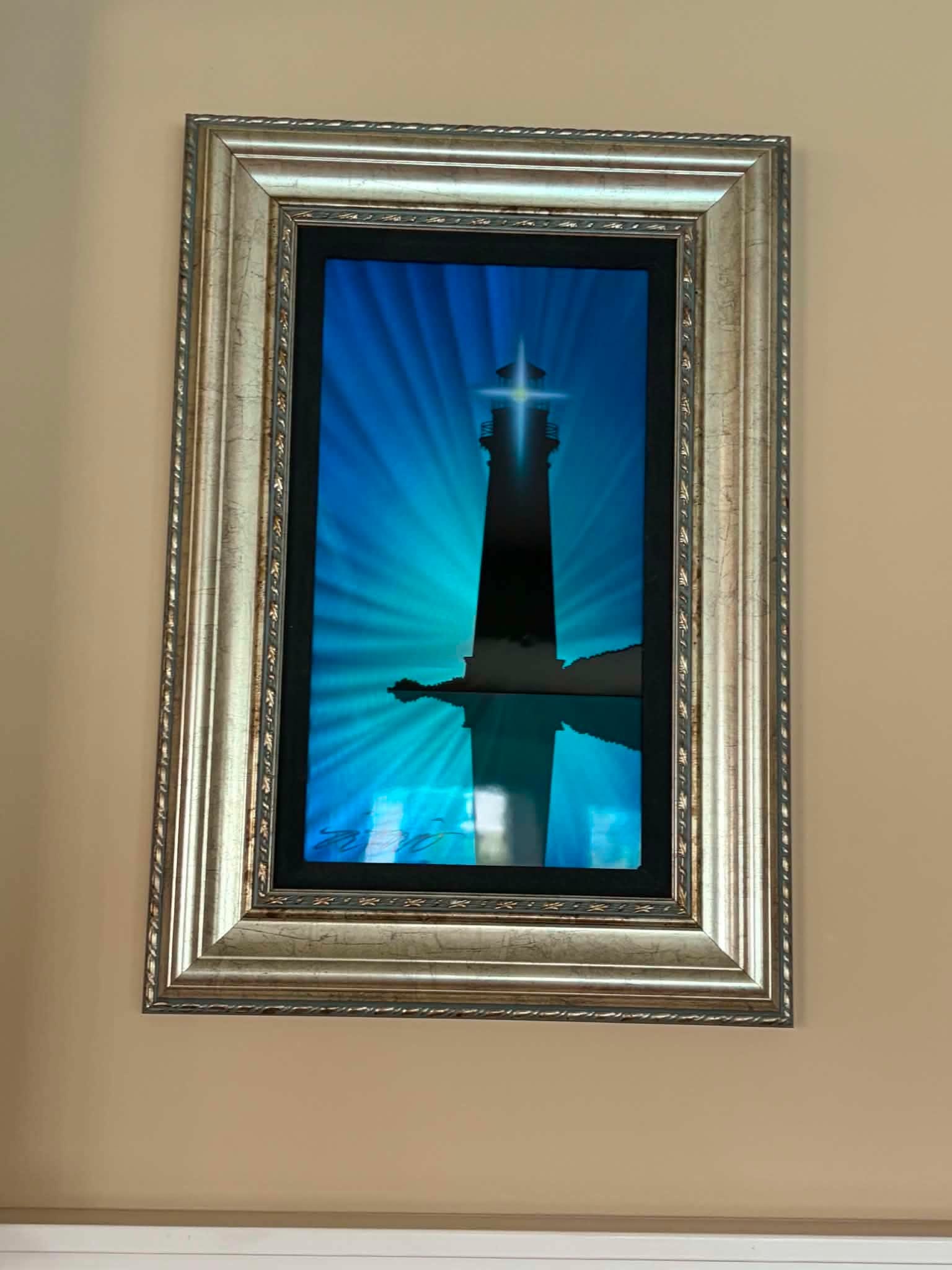 Chris Derubeis The Lighthouse: Chris Derubeis "The Lighthouse" 2015 18" x 10" image size Mixed media on aluminum including air-brush painting nad hand ground surfaces. Hand-signed in pigment lower left by the artist. A unique