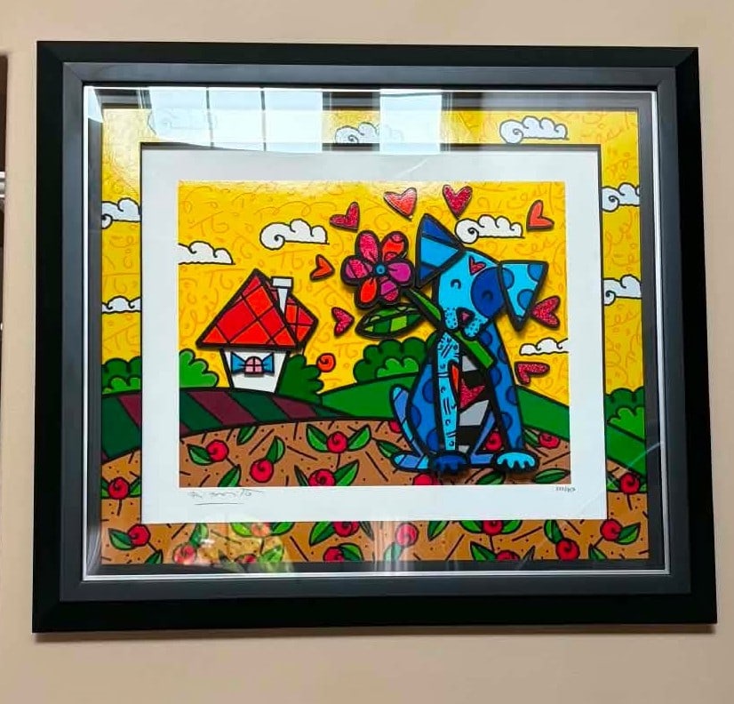 Romero Britto No Place Like Home: Romero Britto "No Place Like Home" 2017 22 1/2" x 26 1/2" image size Three-dimensional serigraphy construction in color with cut-outs in serigraphy. Hand signed in pencil by the artist. Gallery