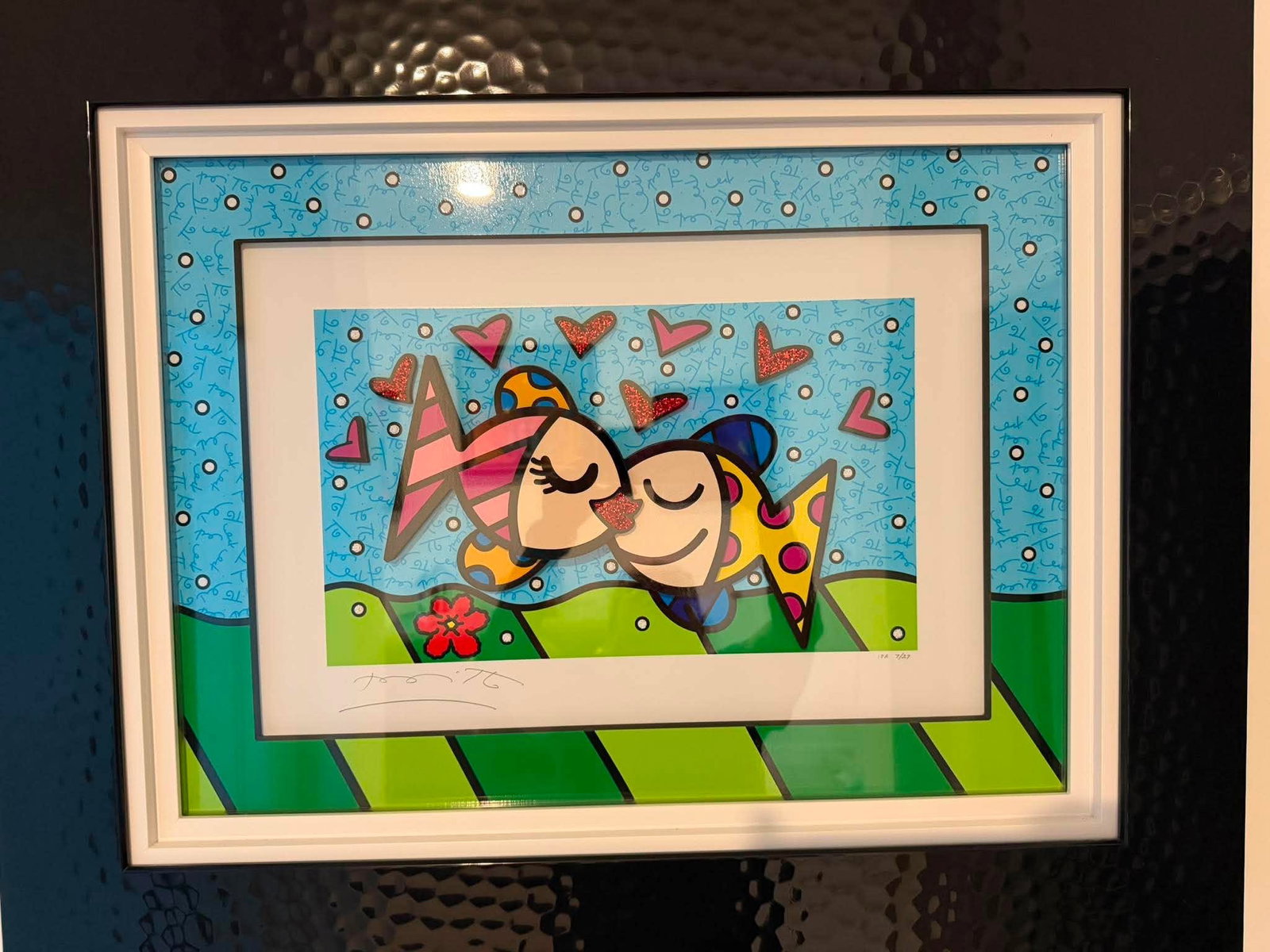 Romero Britto Deep Love: Romero Britto "Deep Love" 2020 16 3/4" x 23" image size sculptograph (three dimensional multimedia construction) with archival UV ink and hand-applied diamond dust. Hand-signed in pencil by the artist