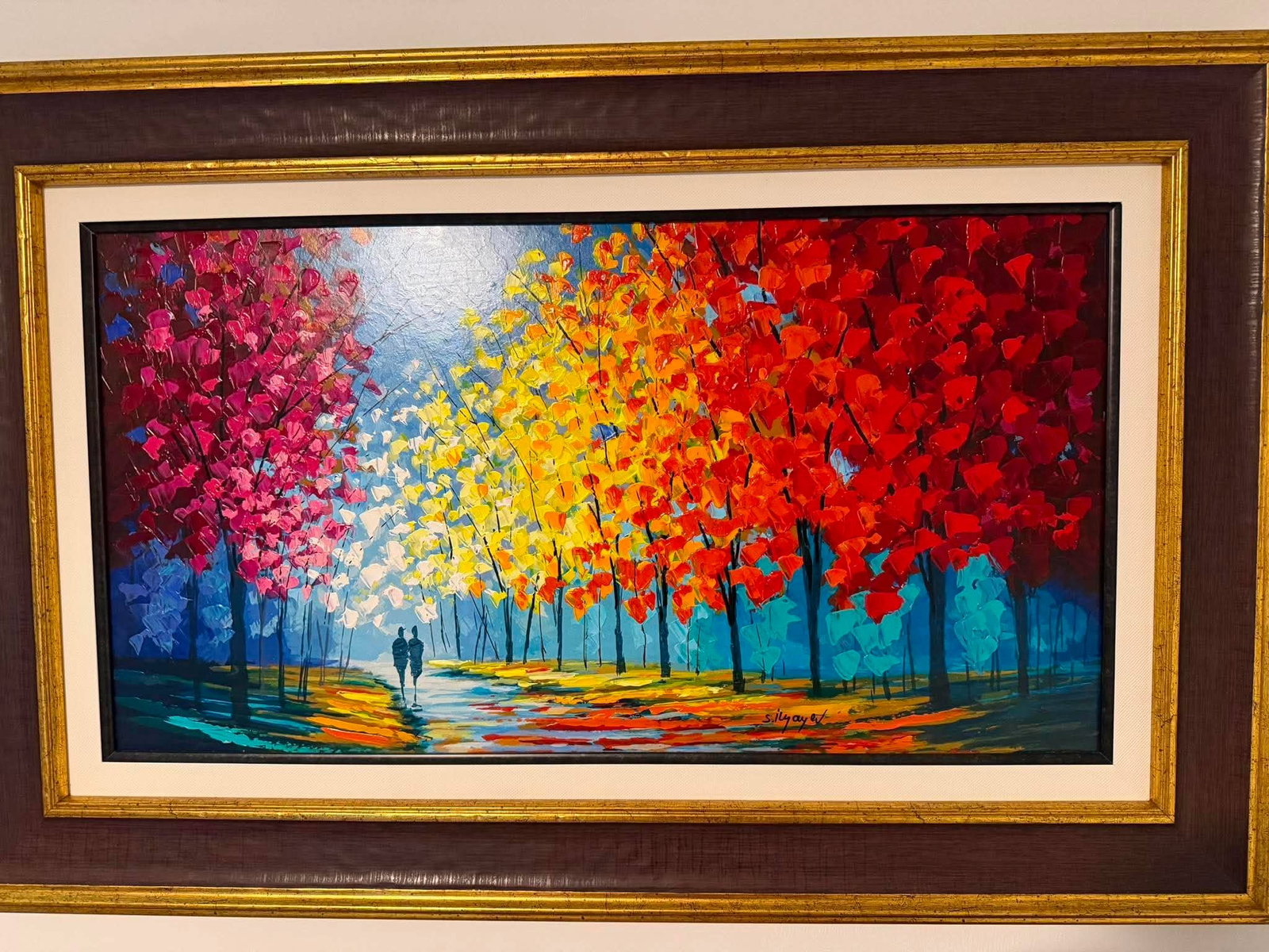 Slava Ilyayev Autumnal Pathway: Slava Ilyayev "Autumnal Pathway" 2016 15 1/8" x 28 1/8" image size Serigraph in color with embellishment on board. Hand-signed in ink by the artist. Gallery framed, COA, Appraisal. JKM
