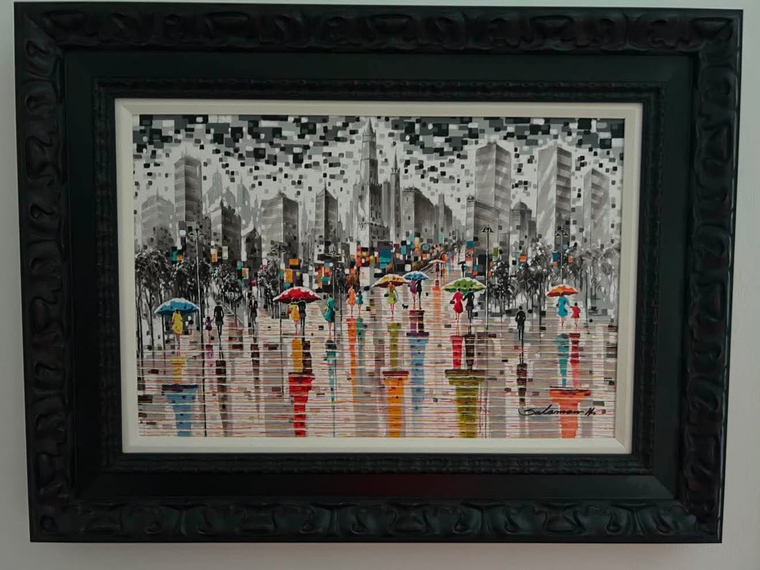 Solomon Hwang Manhattan Skyline: Solomon Hwang "Manhattan Skyline" 2022 16" x 24" image size Giclee in color with hand embellishment on canvas. Hand-signed by the artist. Gallery framed, COA, Appraisal. JKM