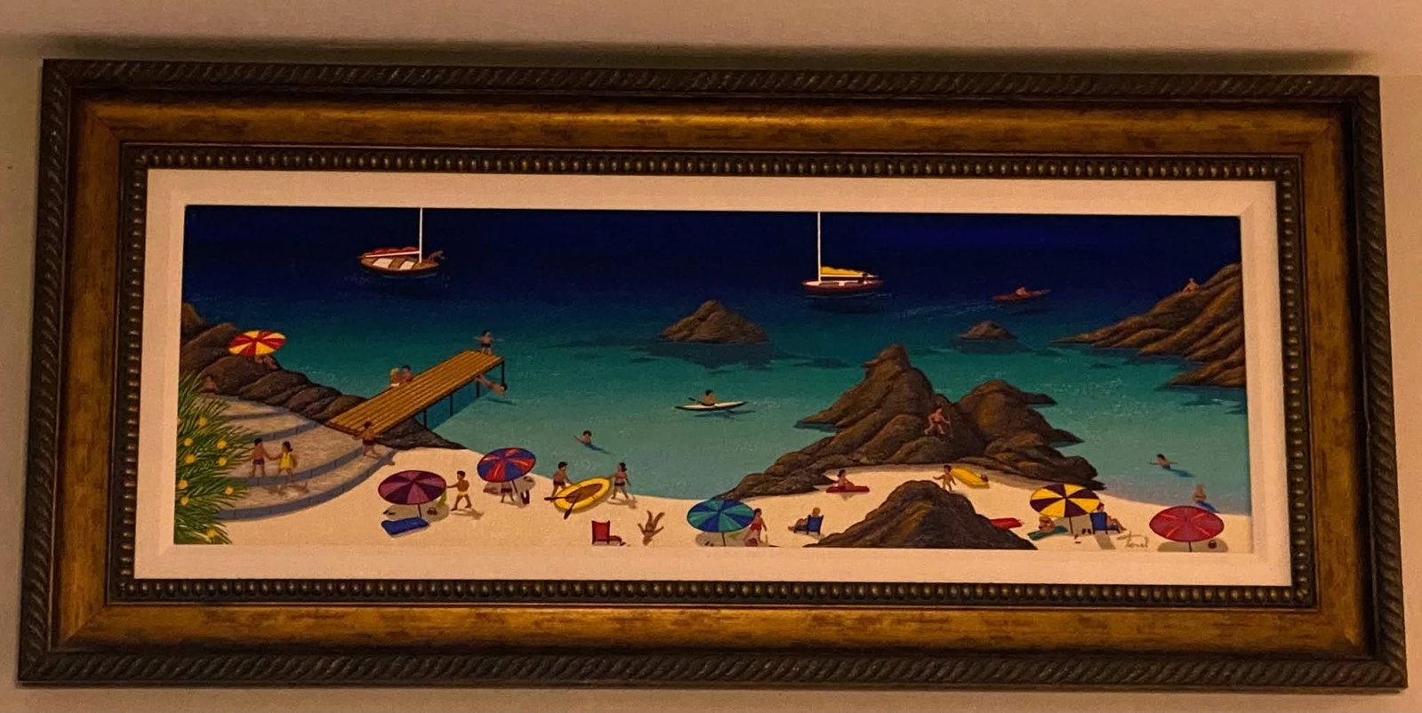 Fanch Ledan Malaga Beach: Fanch (Francius Ledan) "Malaga Beach" 2002 12 1/2" x 37 1/2" image size Serigraph in color with hand embellishment on canvas. Signed in gold ink and numbered on verso. Gallery framed, Appraisal. AM