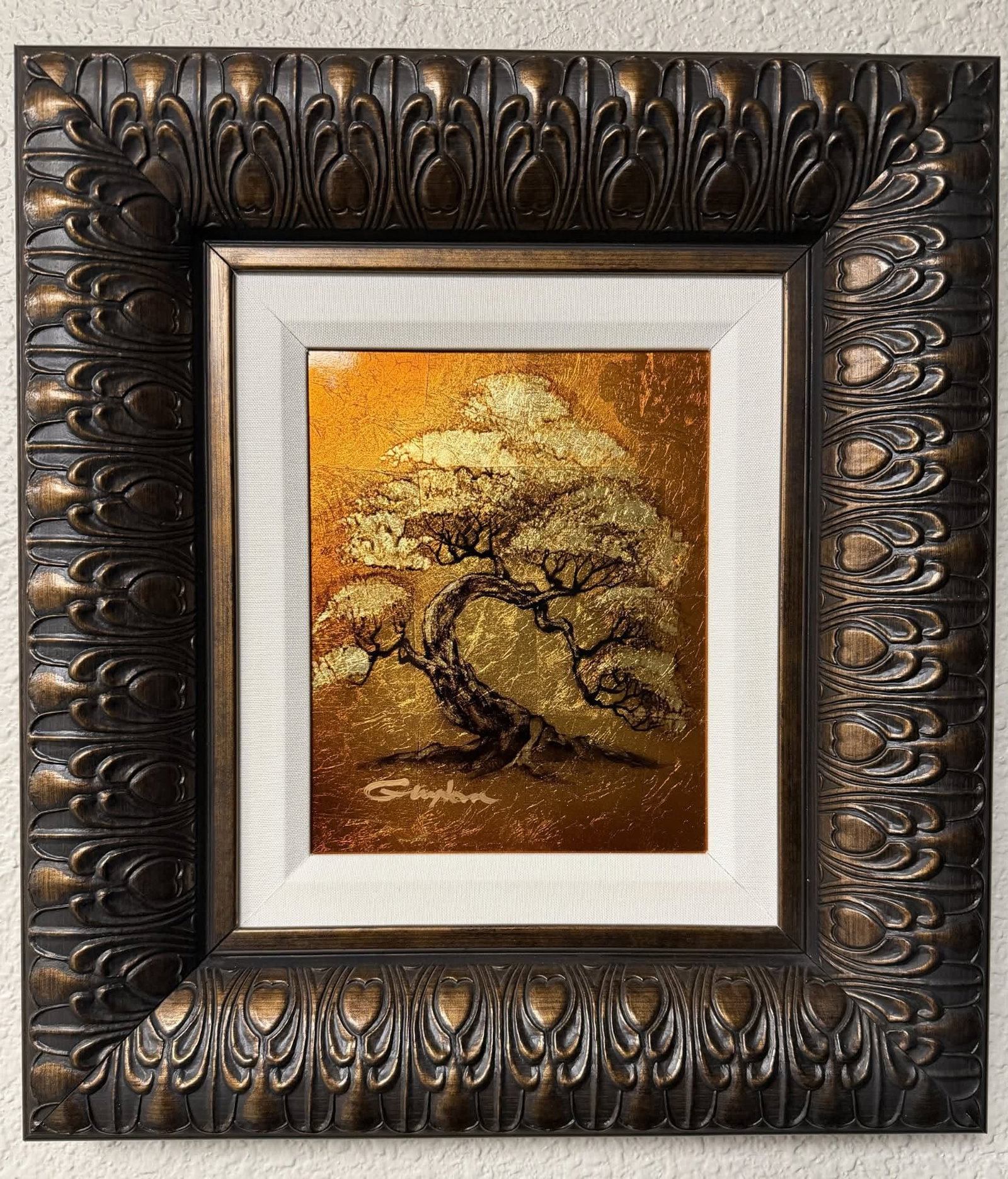 Patrick Guyton Arbre-oetite (gold): Patrick Guyton "Abre - Petite (Gold)" 2014 10" x 8" image size Mixed media on aluminum with sized gold or silver leaf, veined by hand. Hand-signed in pigment by the artist. A unique work. Gallery fram