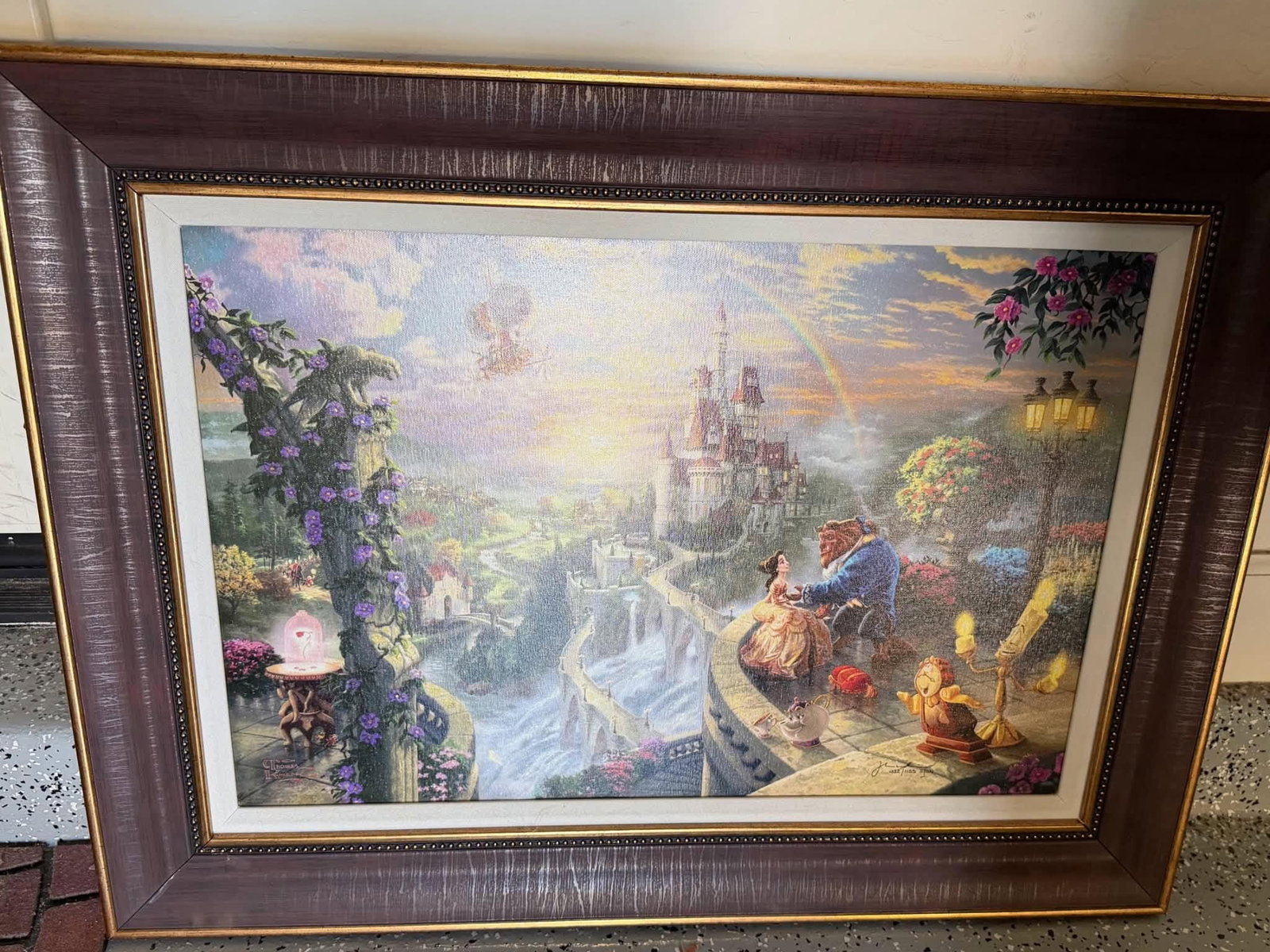Thomas Kinkade Beauty and the Beast Falling in Love: Thomas Kinkade "Beauty and the Beat Falling in Love" 18" x 27" image size Giclee in color with actylic embellishments on canvas. Signed with the artist;s authorized signature applied through the artis