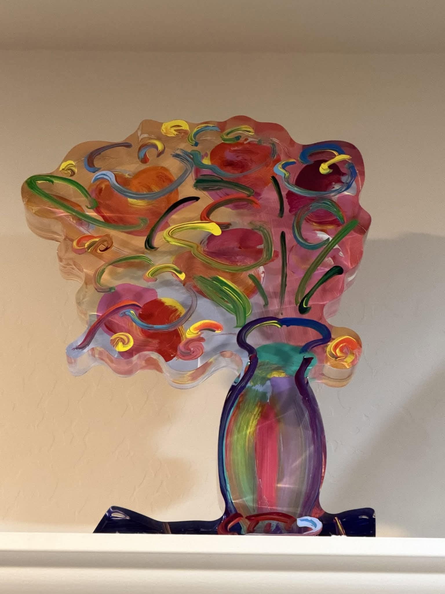 Peter Max Vase of Flowers Ver III num 50: Peter Max "Vase of Flowers Ver III #50" 2014 11 5/8" x 8 3/4" x 2" Hand-painted acrylic sculpture . Hand-signed in pigmenr lower left by the artist. A unique work. Appraisal. AM