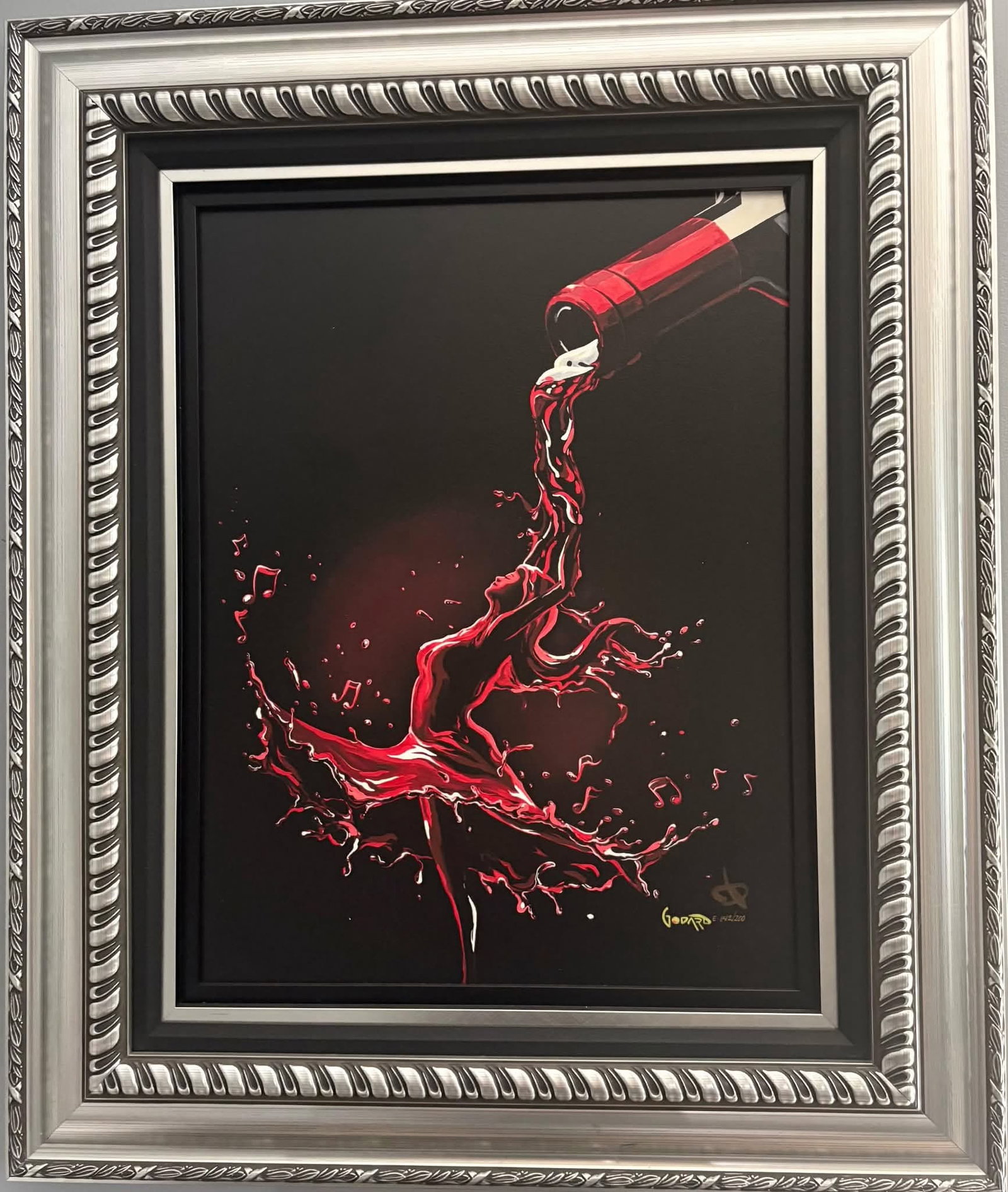 Michael Godard Red Wine Dance: Michael Godard "Red Wine Dance" 2020 23" x 17 1/2" image size Giclee in color with hand-embellishment on canvas. Hand-signed in ink lower right by the artist. Gallery framed, COA, appraisal. MM