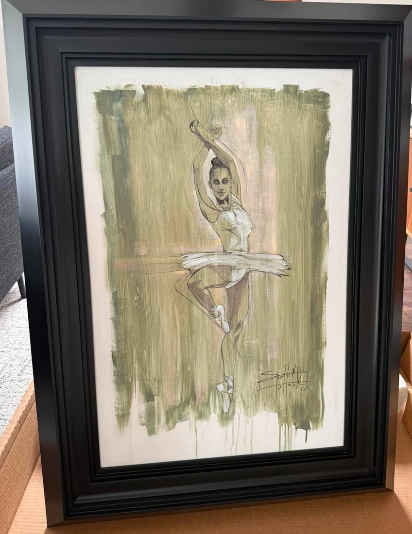 Fishwick "Dancer Series Olive": Fishwick "Dancer Series: Olive" 2019 36" x 24" image size Acrylic painting on canvas. Hand-signed in pigment lower right by the artist. A unique work. Gallery framed, COA, Appraisal. HJF