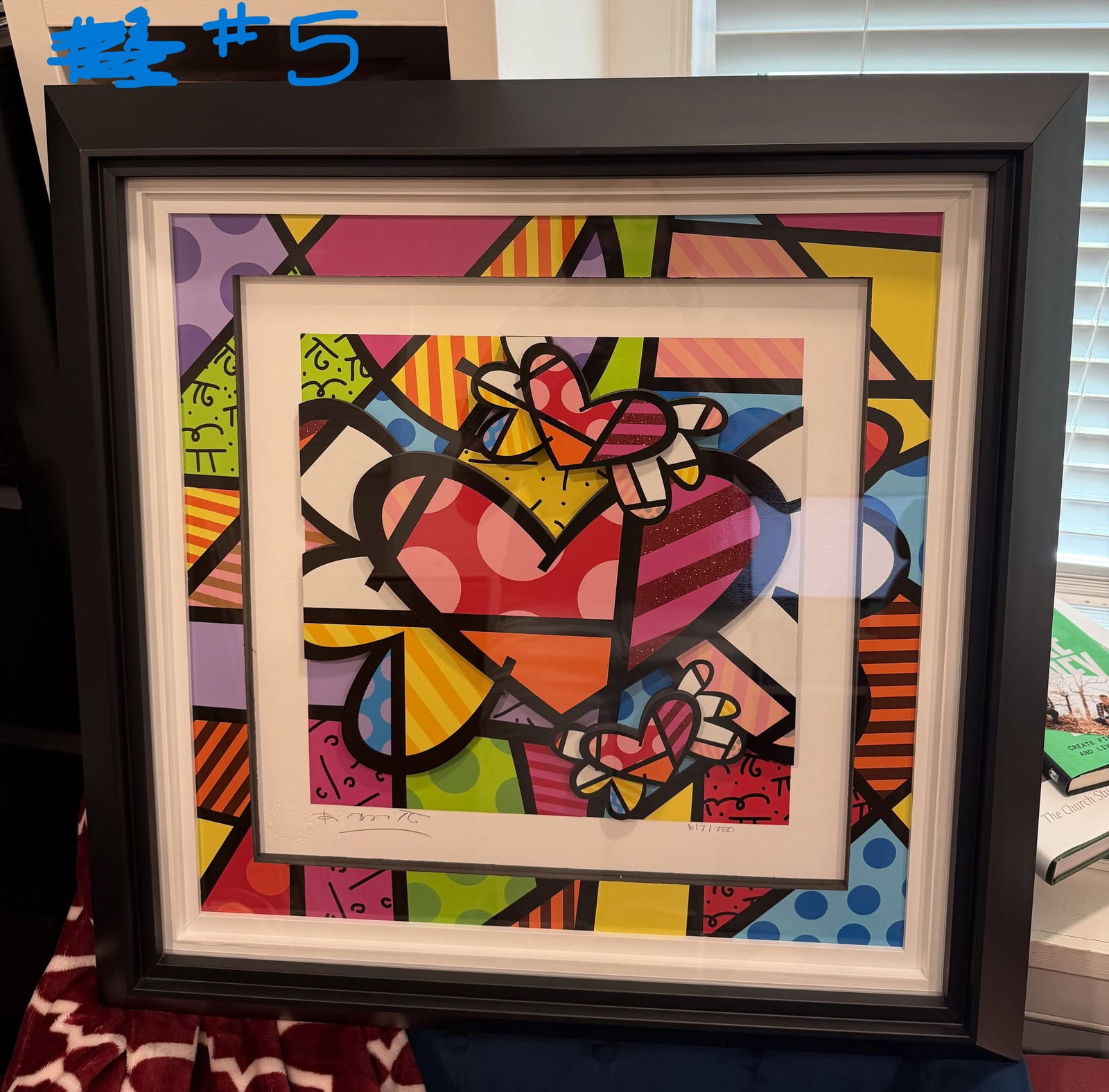 Romero Britto Soaring Hearts: Romero Britto "Soaring Hearts" 2017 22 5/8" x 22 5/8" image size Three dimensional serigraphy constructionin color with cut-outs in serigraphy. Hand signed in pencil lower left by the artist. Gallery 