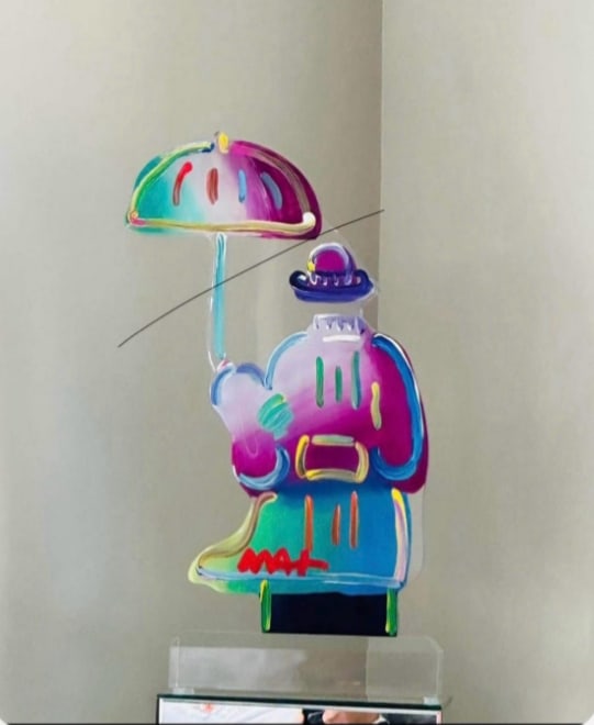 Peter Max Umbrella Man Ver. II num 162: Peter Max "Umbrella Man Ver. II #162 UNIQUE 2016 17 7/8" x 13" Acrylic sculpture hand painted in the Peter Max Studio. Hand-signed in pigment lower center by the artist gallery framed