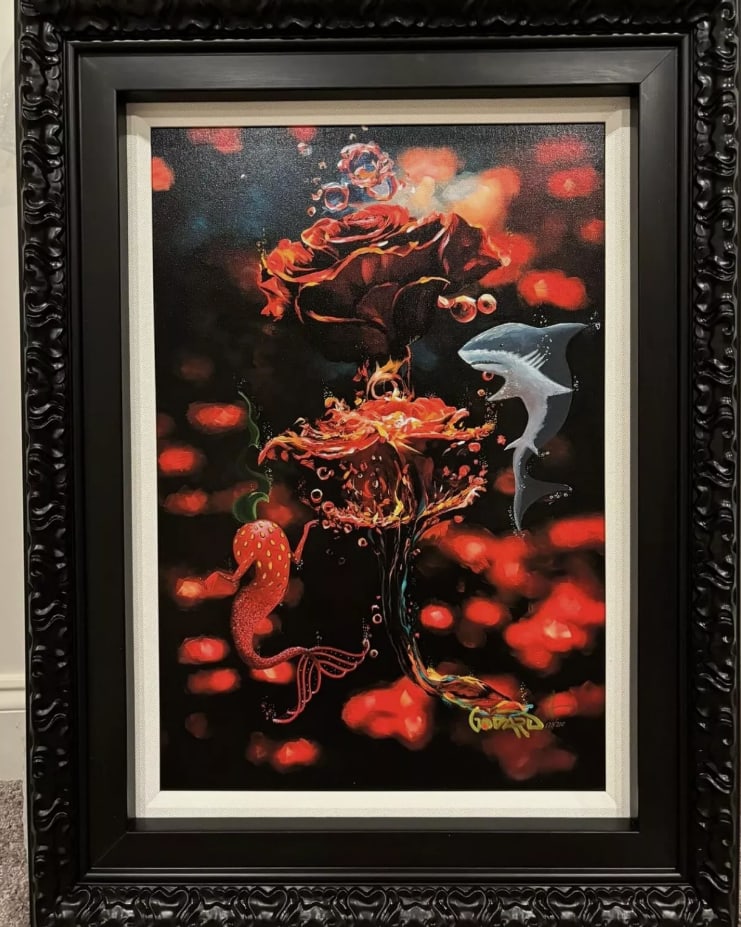 Michael Godard Shark Garden: Michael Gadard, "Shark Garden" 2024, 23 1/2 x 16" (Image size) Giclee in color with hand-embellishment on canvas. Hand-signed by the artist