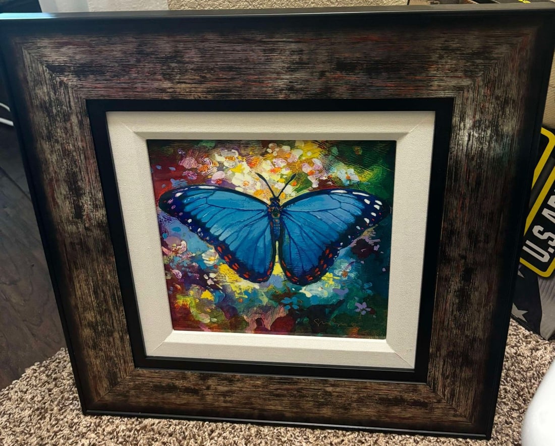 Blue Morpho: Simon Bull "Blue Morpho" 2016 10"x10" (Image size) Digital multiple on aluminum through dye sublimation. Hand-signed in in lower right by the artist. Gallery Framed, COA, Appraisal.