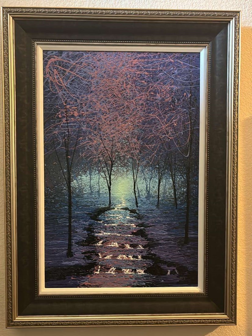 Purple Ethereal: Mike Romero "Purple Ethereal" 36"x48" (Image size) Acrylic painting on canvas. Hand-signed in pigment lower right by the artist. Signed and titled on verso. A unique work. Gallery framed,