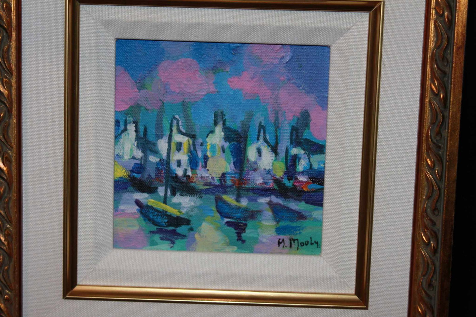 Le Port Breton: Marcel Mouly "Le Port Breton" 2003 5"x 5" Image size Oil painting on canvas. Hand-signed in pigment lower right by the artist. Signed, titled and datet "Gentilly 2003" on the verso with dedication tra