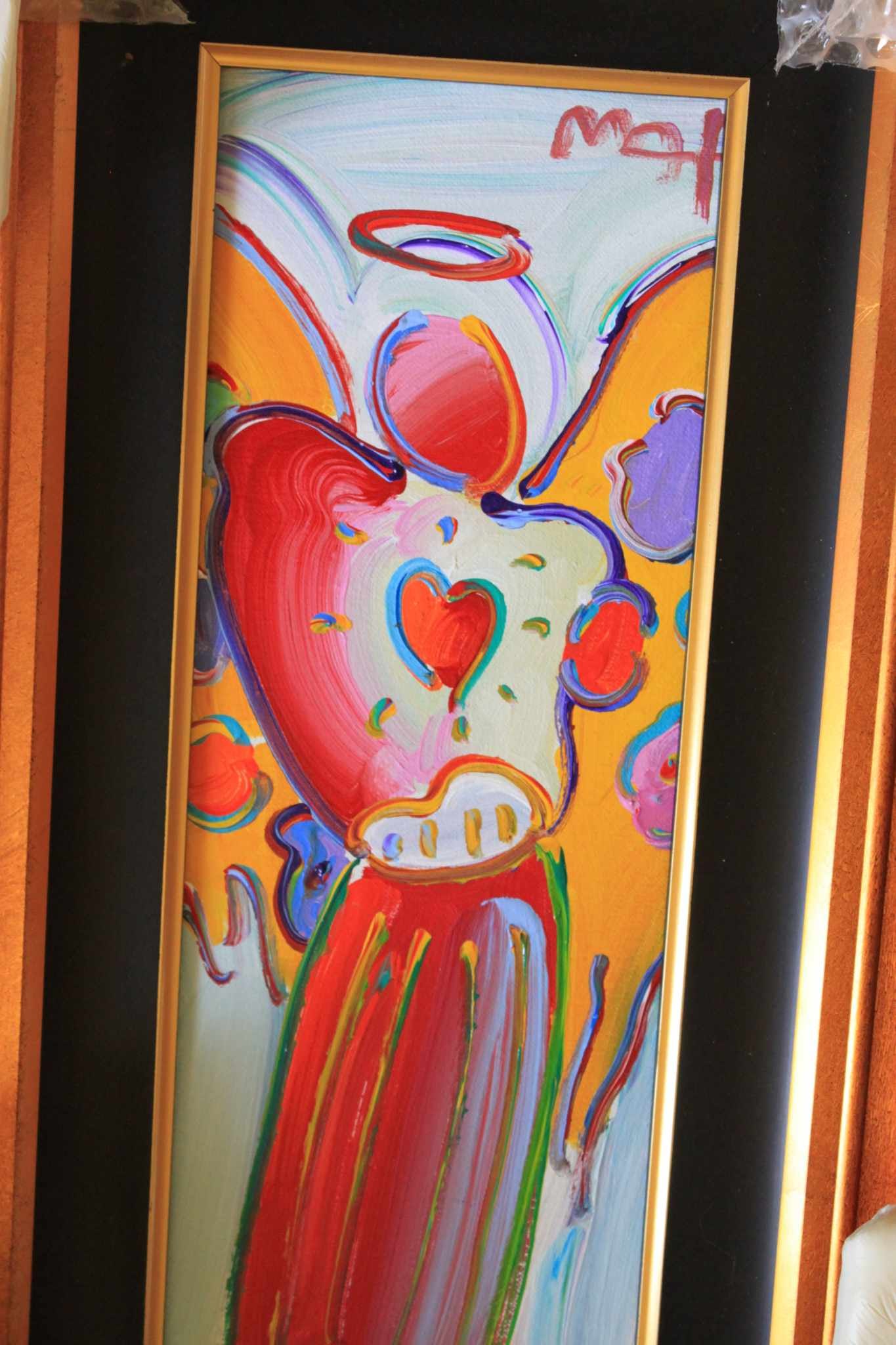 Angel with Heart Detail Ver IV num 89: Peter Max "Angel with Heart Detail Ver IV #89" 2012 15" x 6" Image size Acrylic Painting on canvas. Signed in pigment upper right. A unique work. Gallery Framed, COA