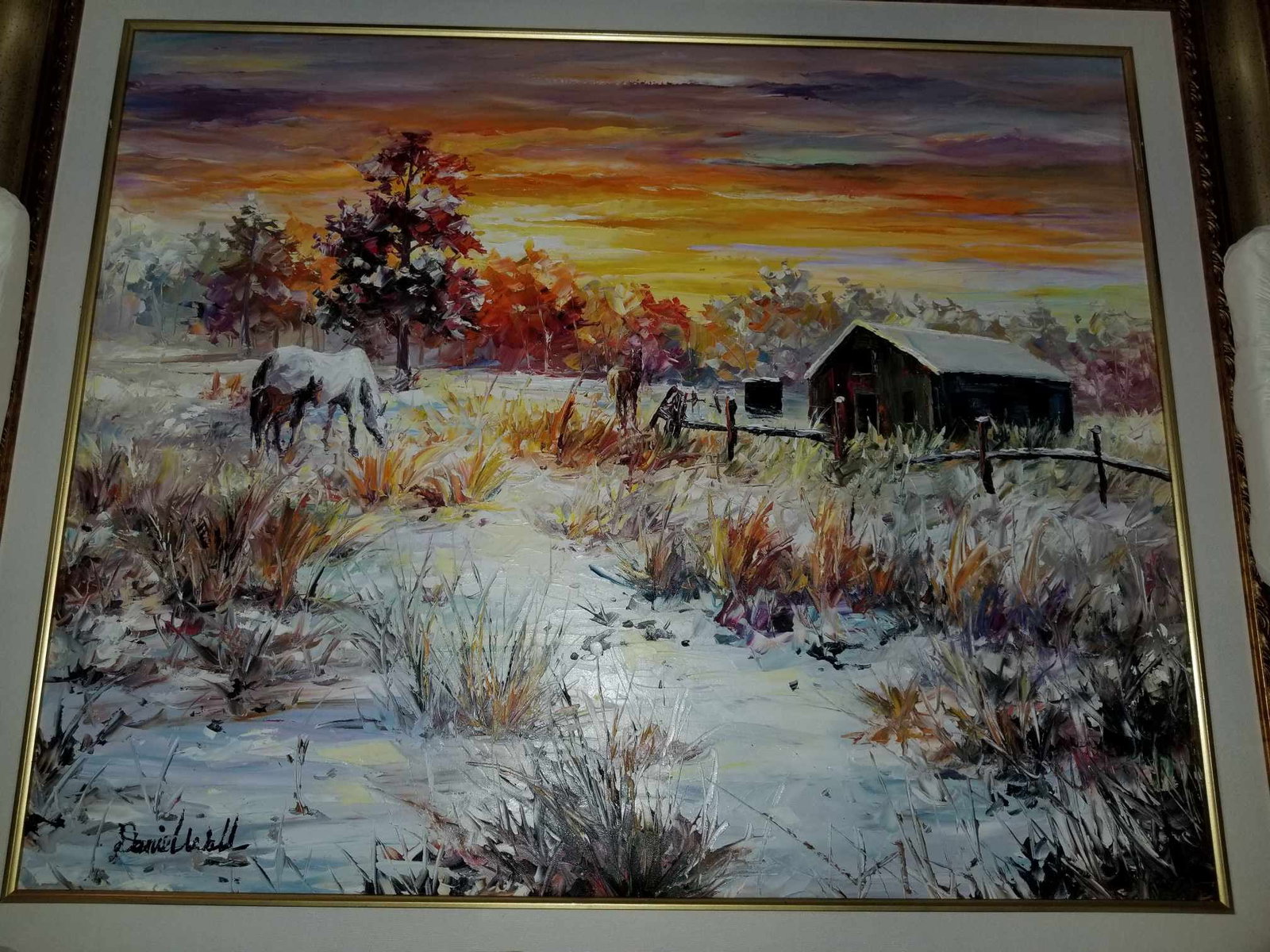 Daniel Wall Unexpected Snowfall: Daniel Wall "Unexpected Snowfall" 2016 24 1/8" x 30" image size Oil painting on canvas. Hand-signed in pigment lower left by the artisle. Titled and dated on the verso. Gallery framed, COA