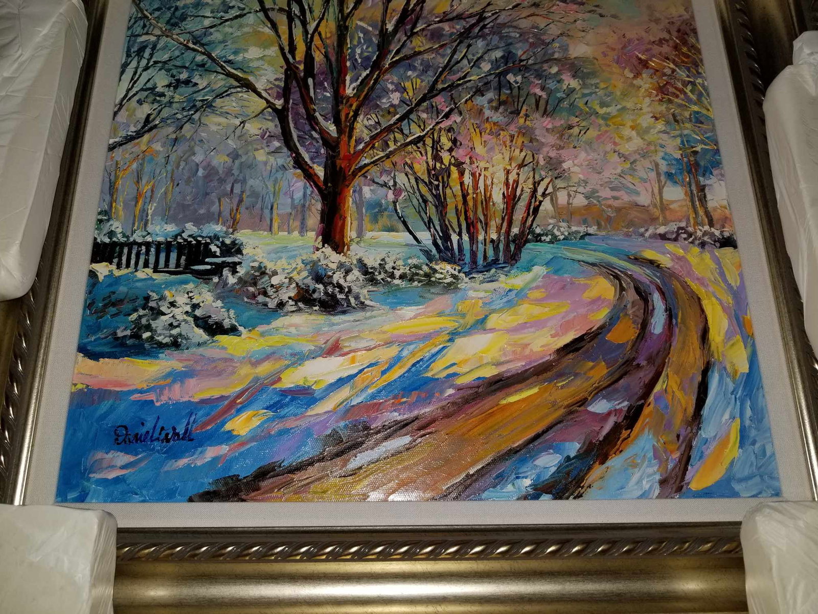 Daniel Wall Snowy Track: Daniel Wall "Snoty track" 2016 18 1/2" x 20 1/4" image size Oil painting on canvas. Hand-signed in pigment lower left by the artist. Titled and dates on the verso. Gallery framed, COA