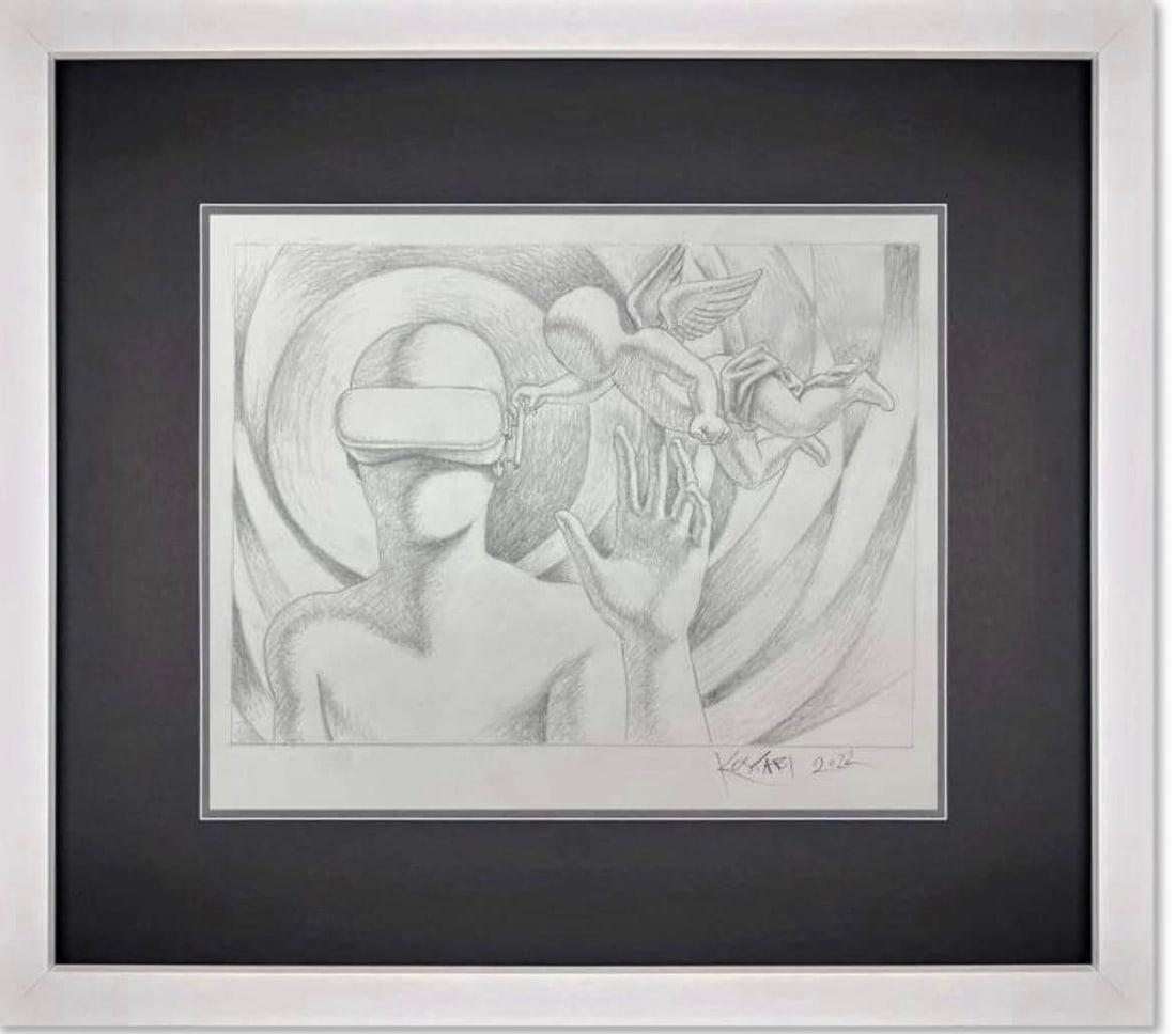Mark Kostabi Diving Adjustment: Mark Kostabi "Divine Adjustment" 2022 Original Drawing COA