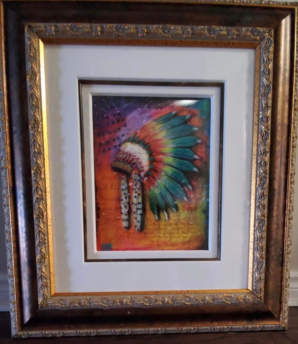 Big Thunder (Headress): Tim Yanke "Big Thunder (Headdress)" 2015 14" x 11" image size Lithographic image viewed through a lenticular lens with unique embellishing by the hand of the artist. Hand signed by the artist in ink