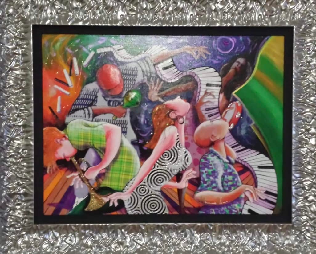 Flipped Flopped, Jazz on Top: Marcus Glenn "Flipped Flopped, Jazz on Top" 2011 18 3/4" x 25" image size Giclee in color on canvas with hand embellishment and bas-relief. Signed in ink. LE 350 Gallery framed COA Located in Canada