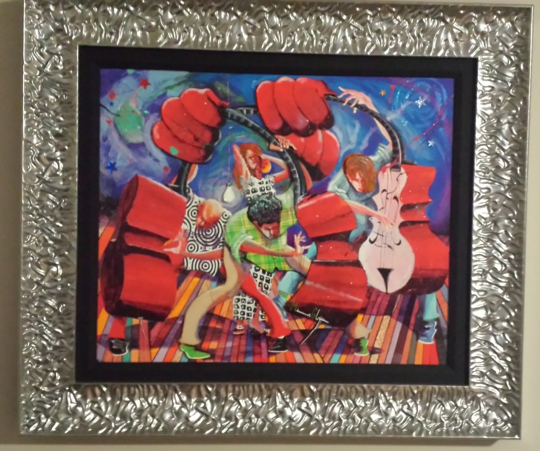 Three Bass and a Lady: Marcus Glenn "Three Bass and a Lady" 2011 20 1/2" x 24 1/2" image size Giclee in color on canvas with hand embellishment and bas-relief. Signed in ink. LE 350 Gallery framed COA Located in Canada