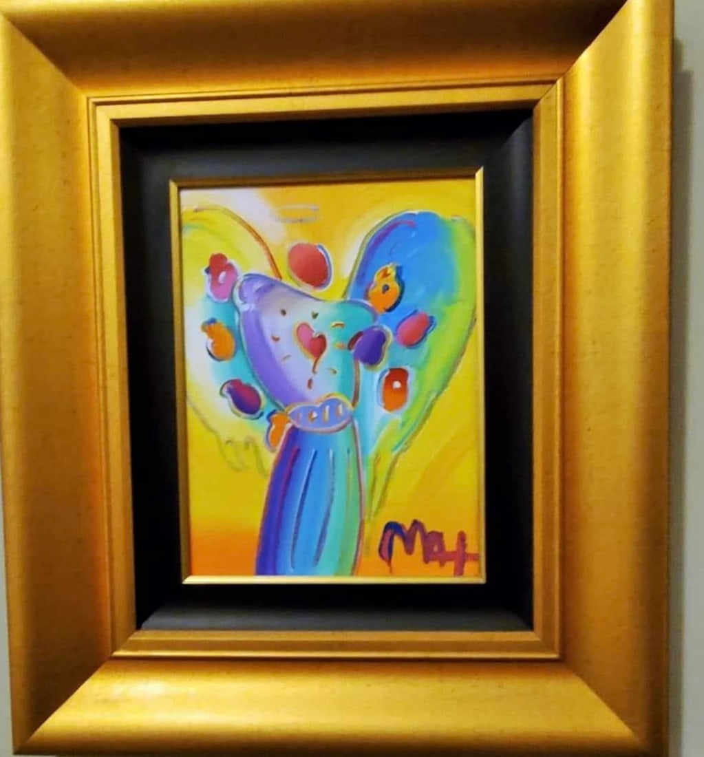 Angel with Heart: Peter Max "Angel with Heart" UNIQUE (2014) 12" x 9" image size 22" x 19 1/2" Framed Acrylic Painting on Canvas. Located in Canada