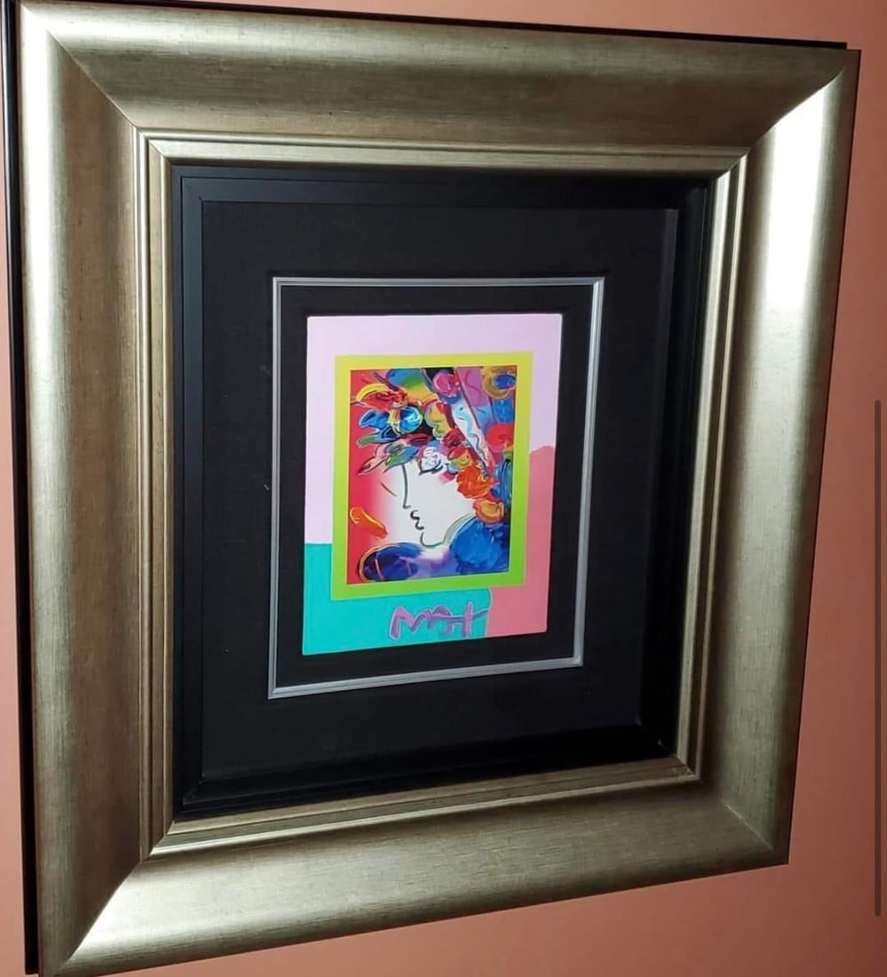 Blusing Beauty on Blends: Peter Max "Blushing Beauty on Blends" UNIQUE (2006) 10"x 8" image size 24" x 22" Framed) Mixed Media with Acrylic Painting and Color Lithography on Paper. Located in Canada