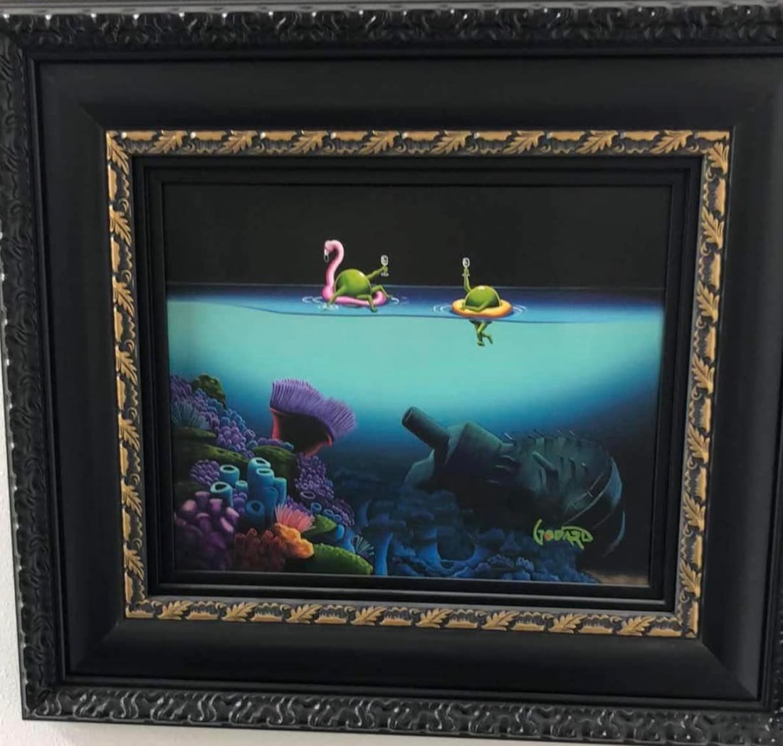 Michael Godard Tropical Float: Michael Godard "Tropical Float" UNIQUE 2021 16" x 20" image size Mixed media painting on canvas. Hand-signed in pigment lower right by the artist. Gallery framed COA