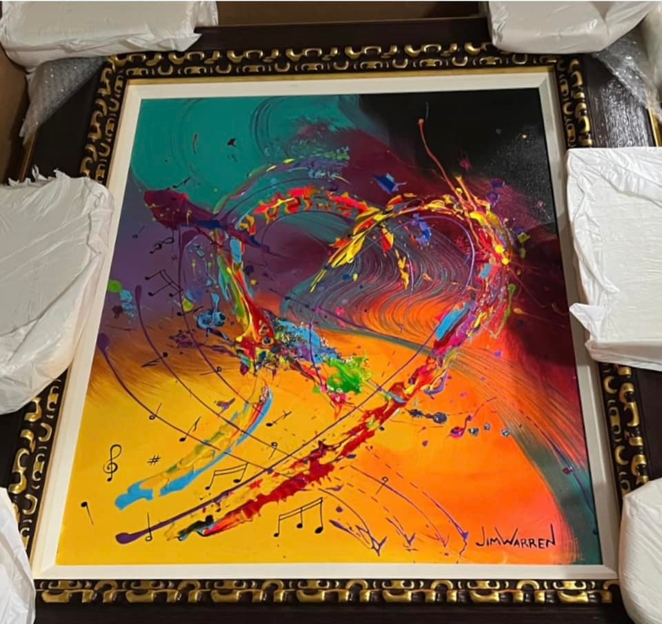 Jim Warren Modern Love: Jim Warren "Modern Love" UNIQUE 2023 34" X 30" Acrylic painting on canvas. Hand-signed in pigment lower right by the artist. Signed, titled, and dated on the verso. Gallery framed COA