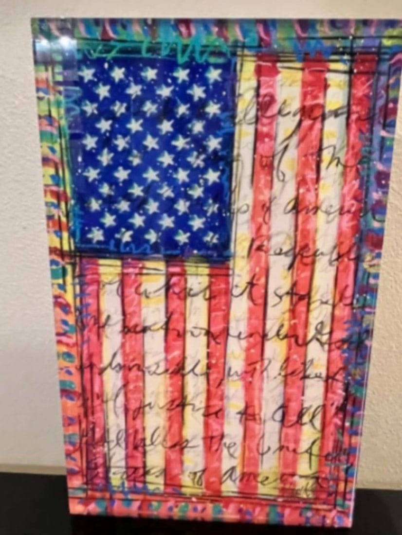 Tim Yanke Yankee Doodle (Pledge of Allegiance): Tim Yanke "Yankee Doodle (Pledge of Allegiance) 2019 16" x 9 9/16" image size Double-sided acrylic sculpture with archival UV ink. Hand-signed in pigment lower right by the artist. LE COA
