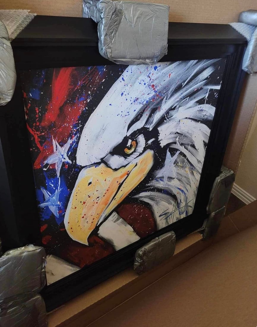 American Eagle Live painting Unique: Fishwick "American Eagle Live painting" UNIQUE 36" x 36" image size Acrylic painting on canvas. Hand-signed in pigment by the artist, lower right. Gallery framed COA