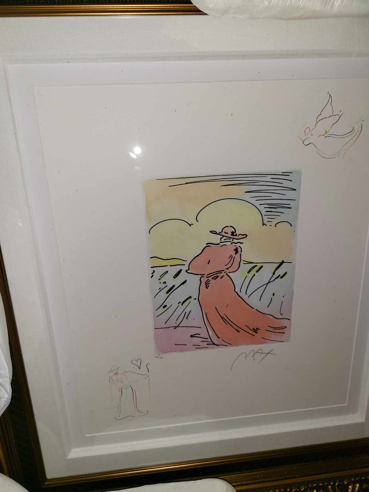 Peter Max Walking in Reeds (Angel/Sage): Peter Max "Walking in Reeds (Angel/Sage)" 2015 11 1/2" x 9 1/4" image size Etching with hand-coloring and unique, hand-drawn colored pencil remarques of an angel with heart in the upper right corner