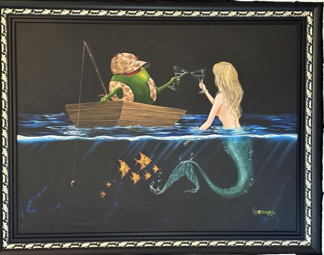 Michael Godard Good Catch Unique: Michael Godard "Good Catch" Unique 2020 30" x 40" image size Acrylic painting on canvas. Hand-signed in pigment lower right by the artist. A Unique work.