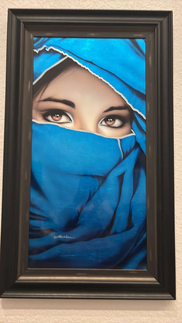 Patrick Guyton Blue Veil Unique: Patrick Guyton "Blue Veil" Unique 40" x 20" Mixed media Painting with leafing, Gallery framed.