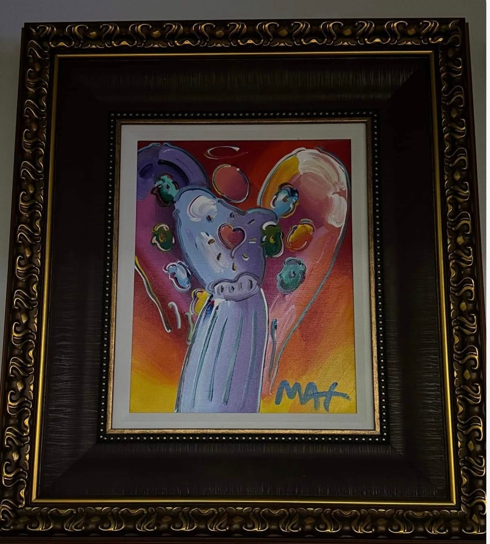 Peter Max Angel with Heart Ver. XI num 80 UNIQUE: Peter Max "Angel with Heart Ver. XI #80" UNIQUE 2017 15" ? 12" image size Acrylic painting on canvas. Hand-signed in pigment lower right by the artist. Gallery framed COA