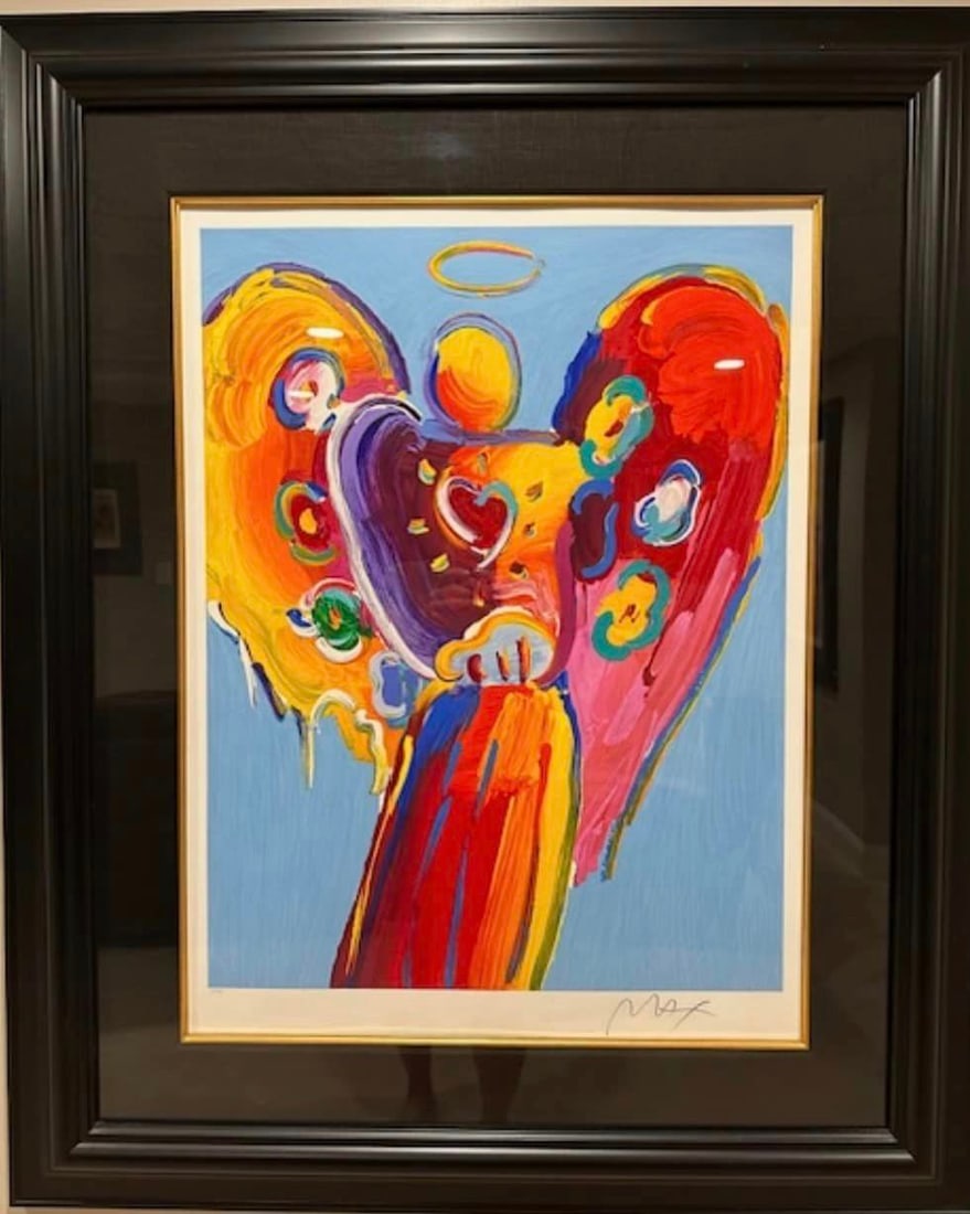 Peter Max Angel with Heart II: Peter Max "Angel with Heart II" 2015 26 1/4" x 20" image size Serigraph in color on woven paper signed by the artist in pencil lower right margin. LE Gallery matted and framed