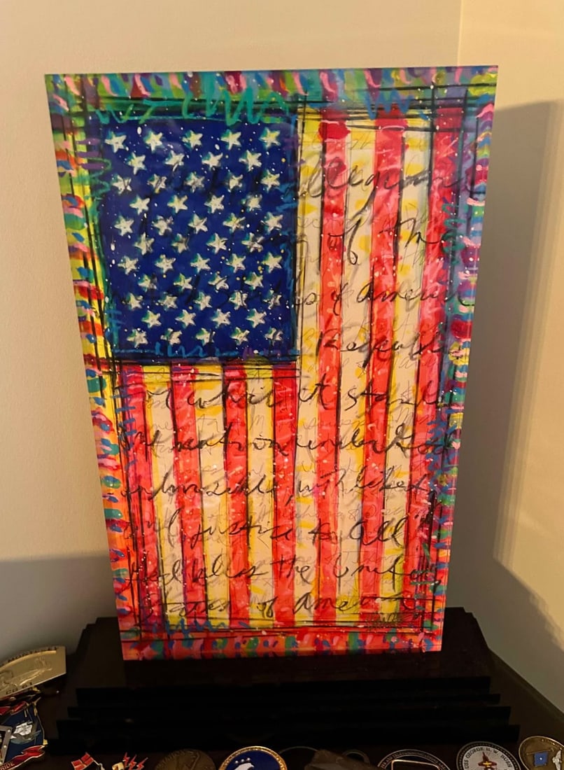 Tim Yanke Yanke Doodle (Pledge of Allegiance) A: Tim Yanke "Yanke Doodle (Pledge of Allegiance) A" 2019 16" x 9 9/16" Double-sided acrylic sculpture with archival UV ink. Hand-signed in pigment lower right by the artist. COA Appraisal.