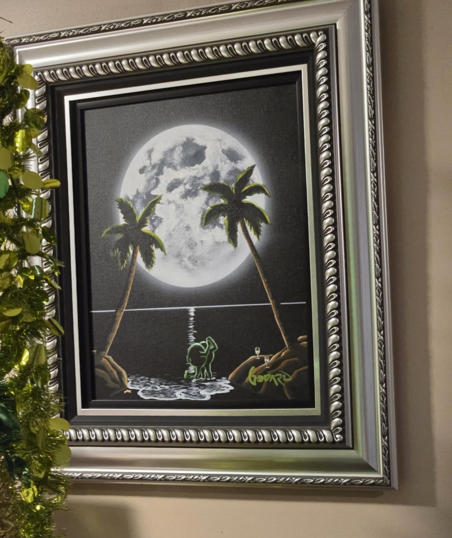 Michael Godard Moonlight Palm Beach Unique: Michael Godard "Moonlight Palm Beach" Unique 2020 20" x 16" image size Acrylic painting on canvas. Hand-signed in pigment lower right by the artist. A unique work. Gallery framed, COA, Appraisal