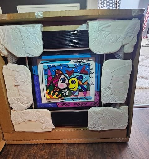 Romero Britto Happy Days XIX Unique: Romero Britto "Happy Days XIX" 2019 13" x 15 3/4" image size Mixed media painting on three-dimensional paper construction, with acrylic paint, oil pen drawing and hand-applied diamond dust on color