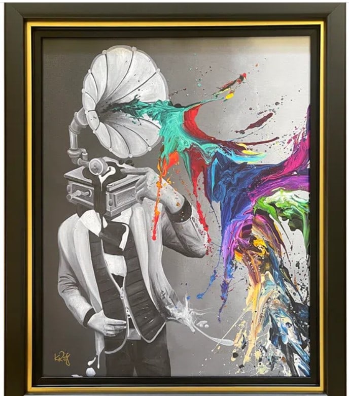 Kre8 Magnificent Noise: Kre8 "Magnificent Noise" 2021 25" x 20" image size Giclee in color with hand-embellishment on canvas. Hand-signed by the artist. From the Arabic numbered edition of 200 examples. Gallery framed, COA,