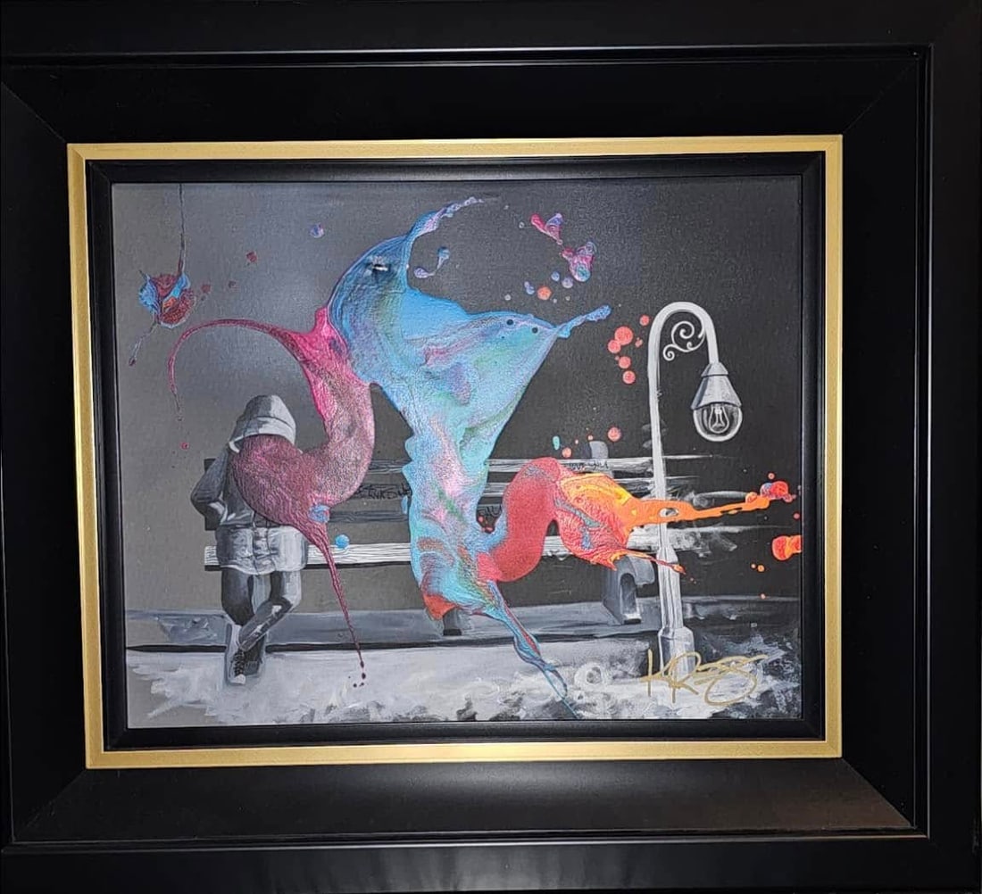 Kre8 Day Dream: Kre8 "Day Dream" 2022 16" x 20" image size Mixed media with acrylic painting and giclee on canvas. Hand-signed in pigment lower right by the artist. A Unique variation. Gallery framed, Coa,