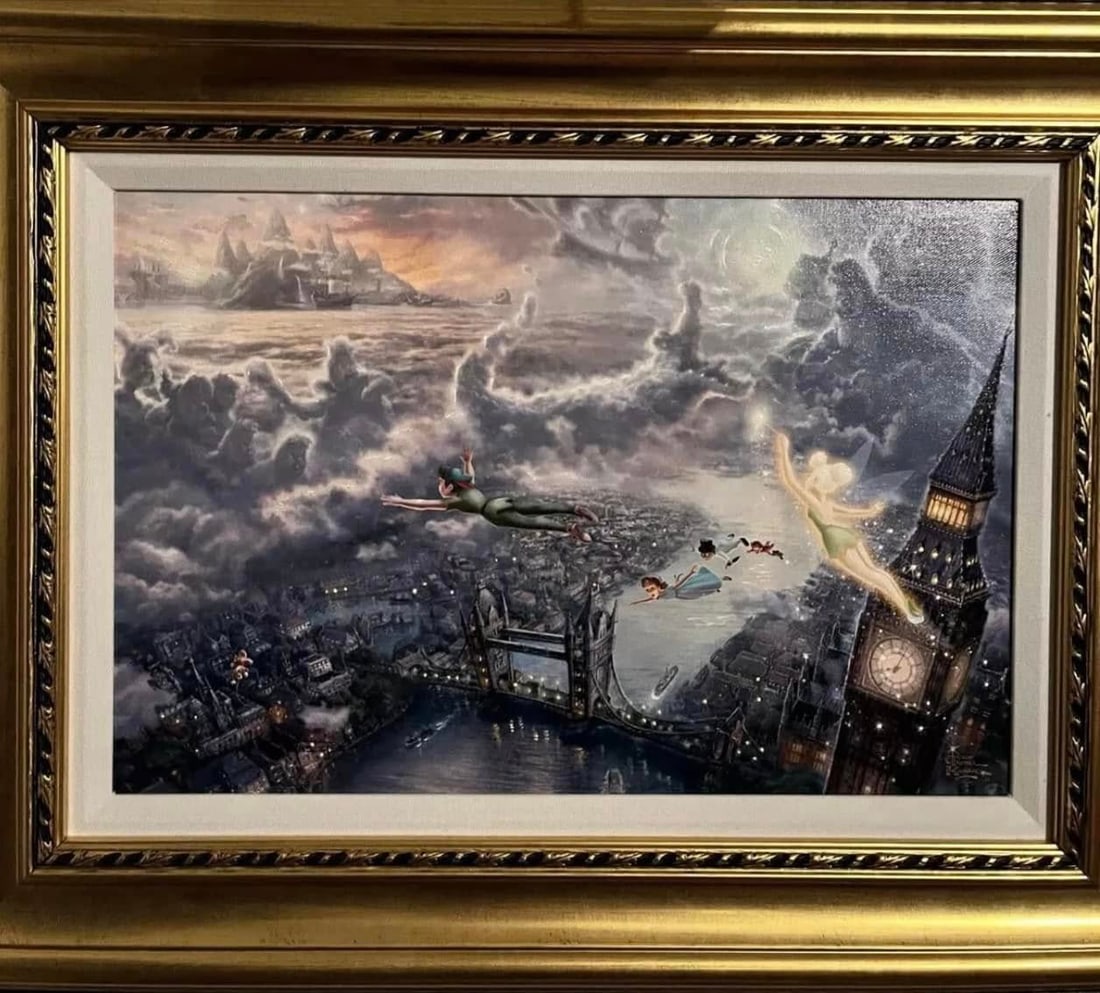 Thomas Kinkade Tinker Bell and Peter Pan Fly to Neverland: Thomas Kinkade "Tinker Bell and Peter Pan Fly to Neverland" 2009 12" x 18" (Image size) Giclee in color with acrylic embellishments on canvas. Signed with the artust's authorized signature through