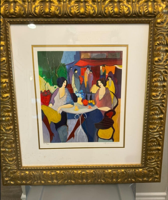 Itzchak Tarkay Cafe Bistro: Itzchak Tarkay "Cafe Bistro" 2005 13 1/2" x 12" image size serigraph in color on wove paper. Signed in pencil. Gallery framed, COA