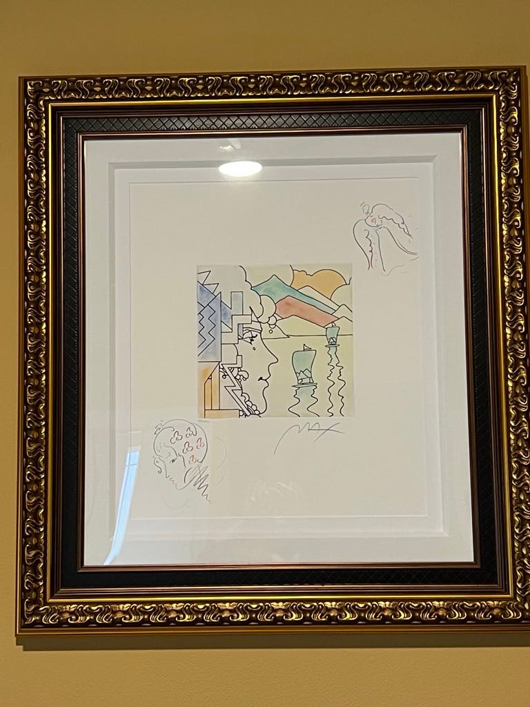 Peter Max Geometric Profile and Sailboat: Peter Max "Geometric Profile and Sailboat" 2016 10" x 10" image size Etching with hand-coloring and unique, hand-drawn colored pencil remarques on an Angel with Heart in the upper right corner and