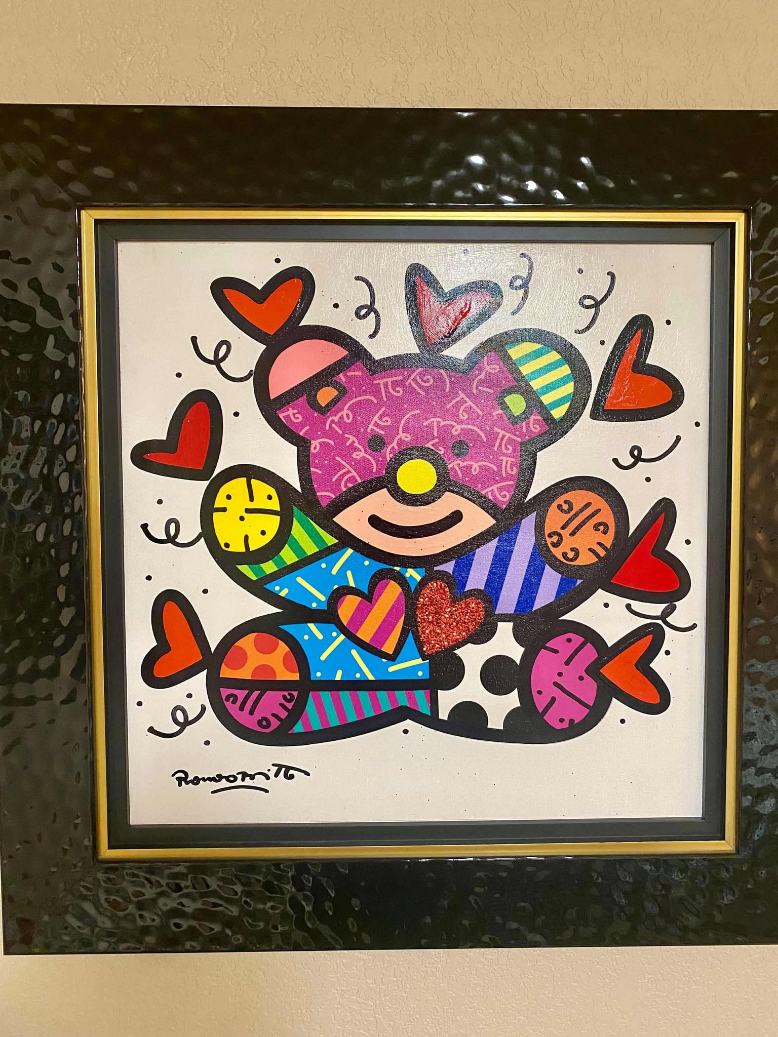 Romero Britto Memory: Romero Britto "Memory" 2017 21" x 21" image size mixed media with acrylic painting, oil pen drawing and diamond dust on giclee on canvas. Hand-signed in pigment lower left by the artist. Signed and