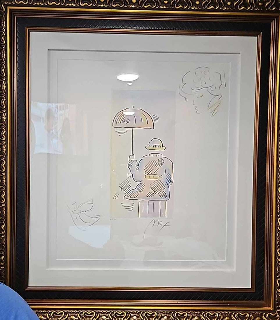 Peter Max Umbrella Man III (Flying Angel/profile): Peter Max "Umbrella Man III (Flying Angel/Profile)" 2018 14" x 6 7/8" image size Etching with hand-coloring and unique, hand-drawn colored pencil remarques of a flying angel in lower left corner and