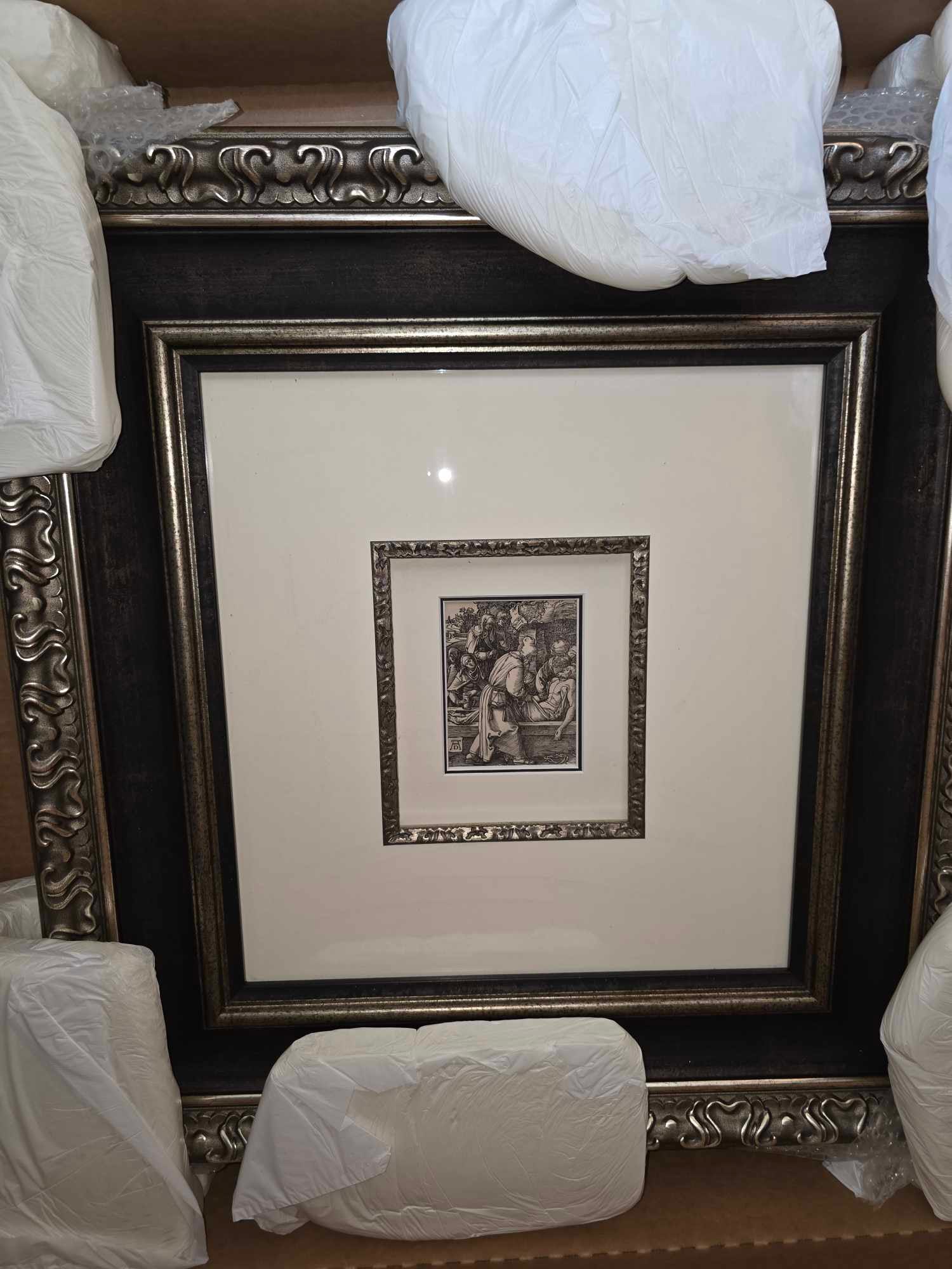 Albrecht Durer Entombment: Albrecht Durer "Entombment" from "the Small Passion" 1509-1511 5" x 3 7/8" image size woodcut on laid paper trimmed to the borderline with an unidentified partial watermark. Signed in the block with