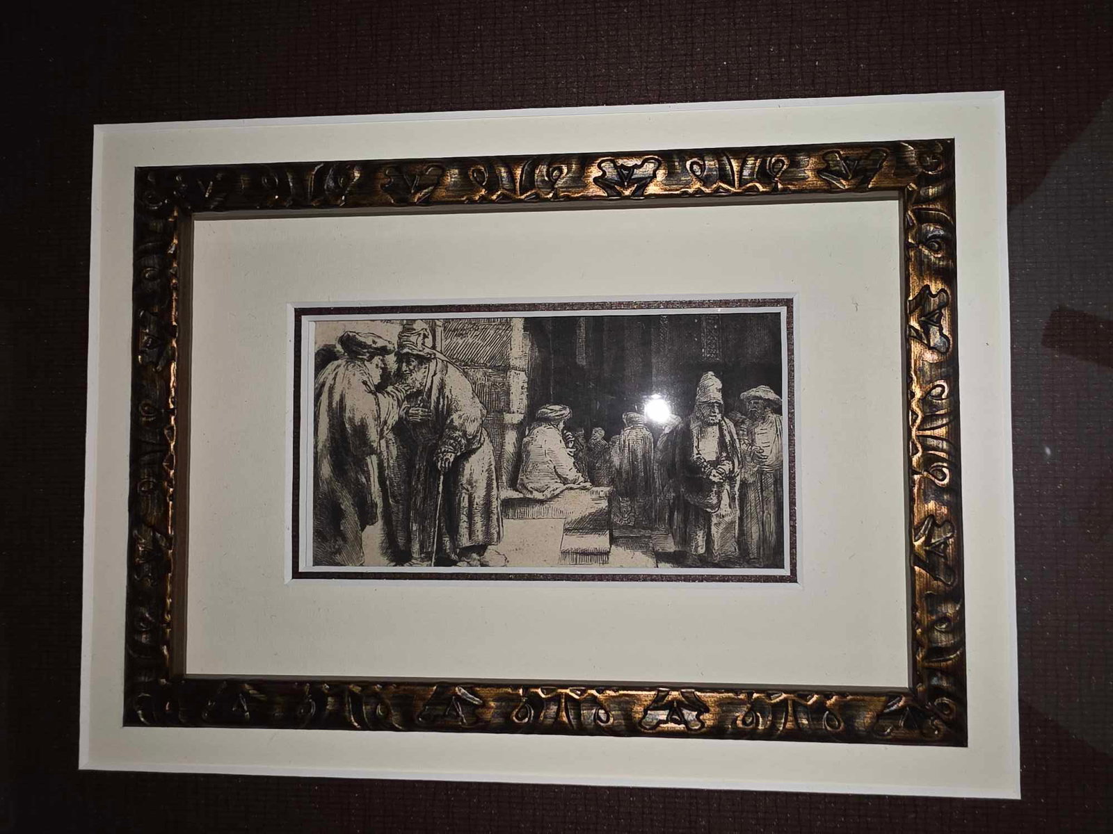 Van Rijn Rembrandt Jews in Synagogue: Van Rijn Rembrandt "Jews in Synagogue"1648 2 7/8" x 5 3/16" image size etching and drypoint on laid paper with narrow margins. Signed and dated in the plate. Rembrandt f. 1648. just above and to the