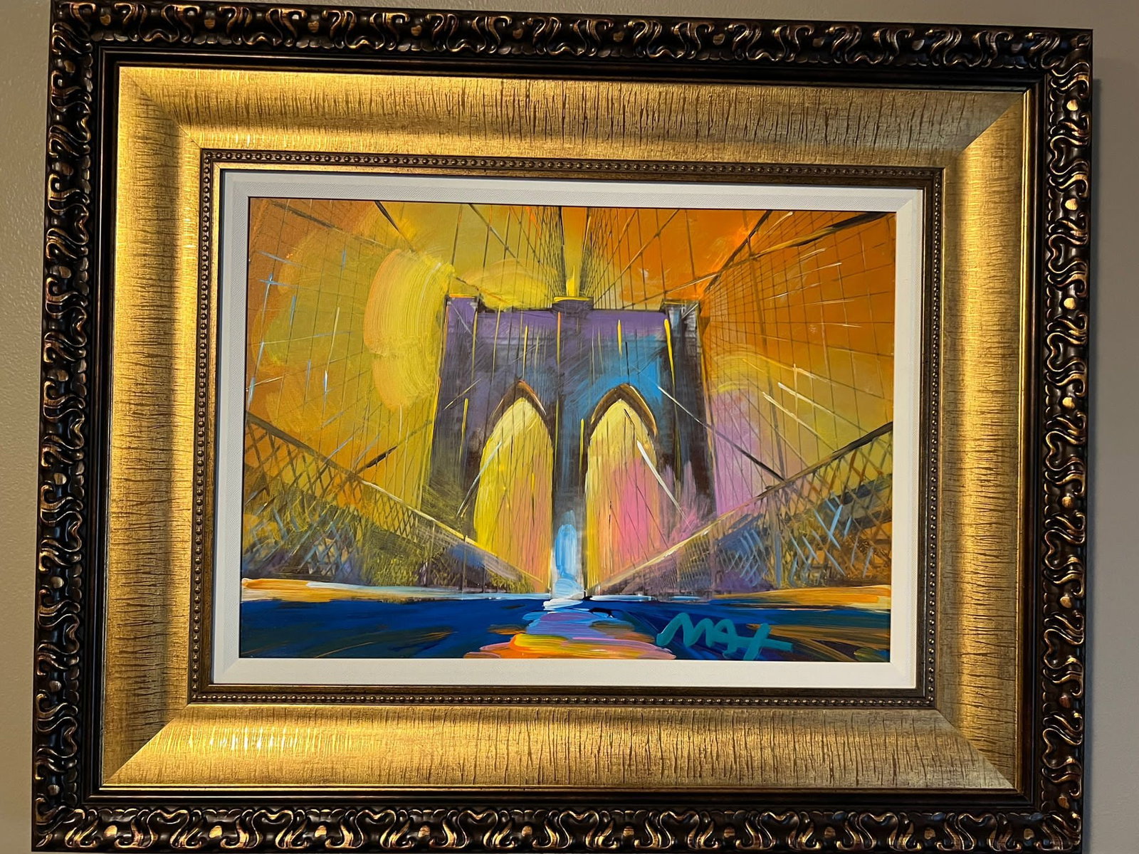 Peter Max Brooklyn Bridge Ver I num 185: Peter Max "Brooklyn Bridge Ver I # 185" 16" x 22 1/2" image size Mixed media painting on canvas. Hand-signed in pigment lower right by the artist. A Unique work Gallery framed, COA, Appraisal