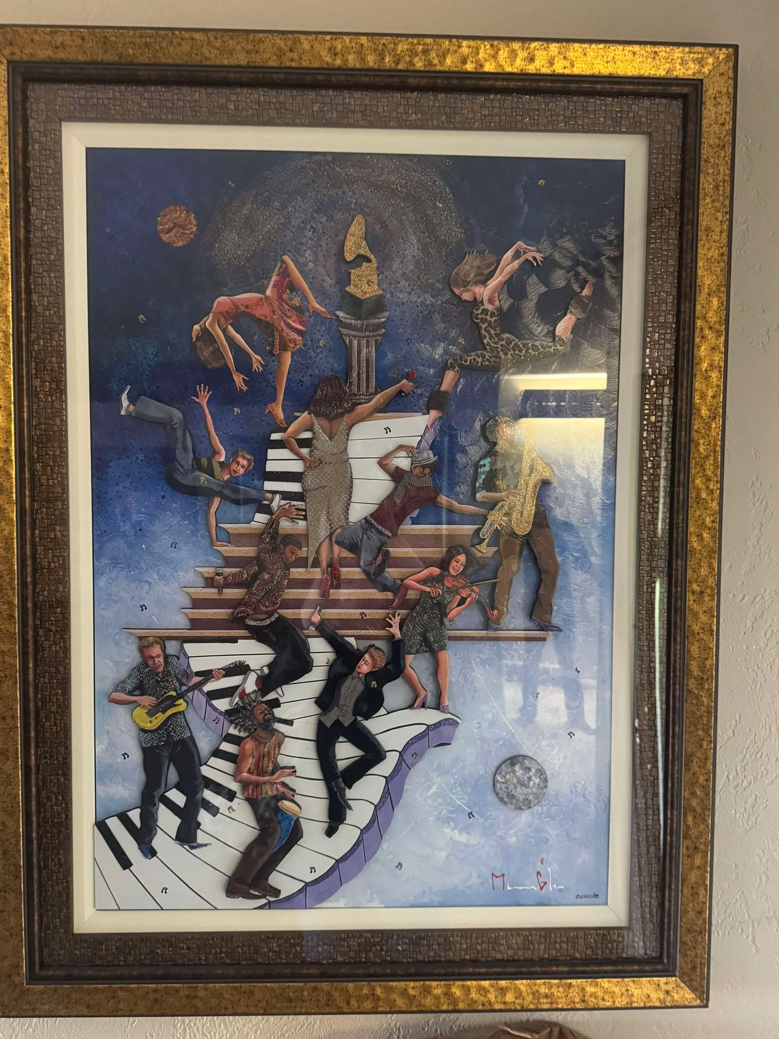 Marcus Glenn Key Steps to the Grammys: Marcus Glenn "Key Steps to the Grammys" 2022 31" x 21 1/2" image size Sculptograph (three dimensional multimedia construction) with archival UV ink and hand-embellishments. Hand-signed by the artist.